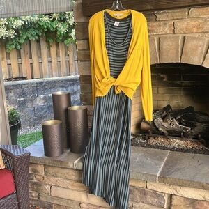 Dia Cabi Maxi Blue and Gray Dress with Loft Yellow Cardigan